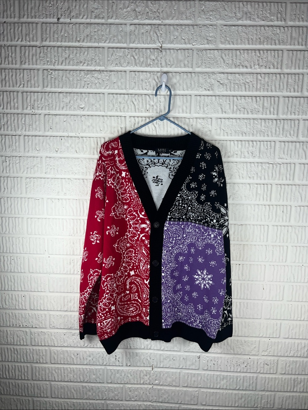 Boohoo Man Colorblock Bandana Print Cardigan Sweater - Red, Purple, Black